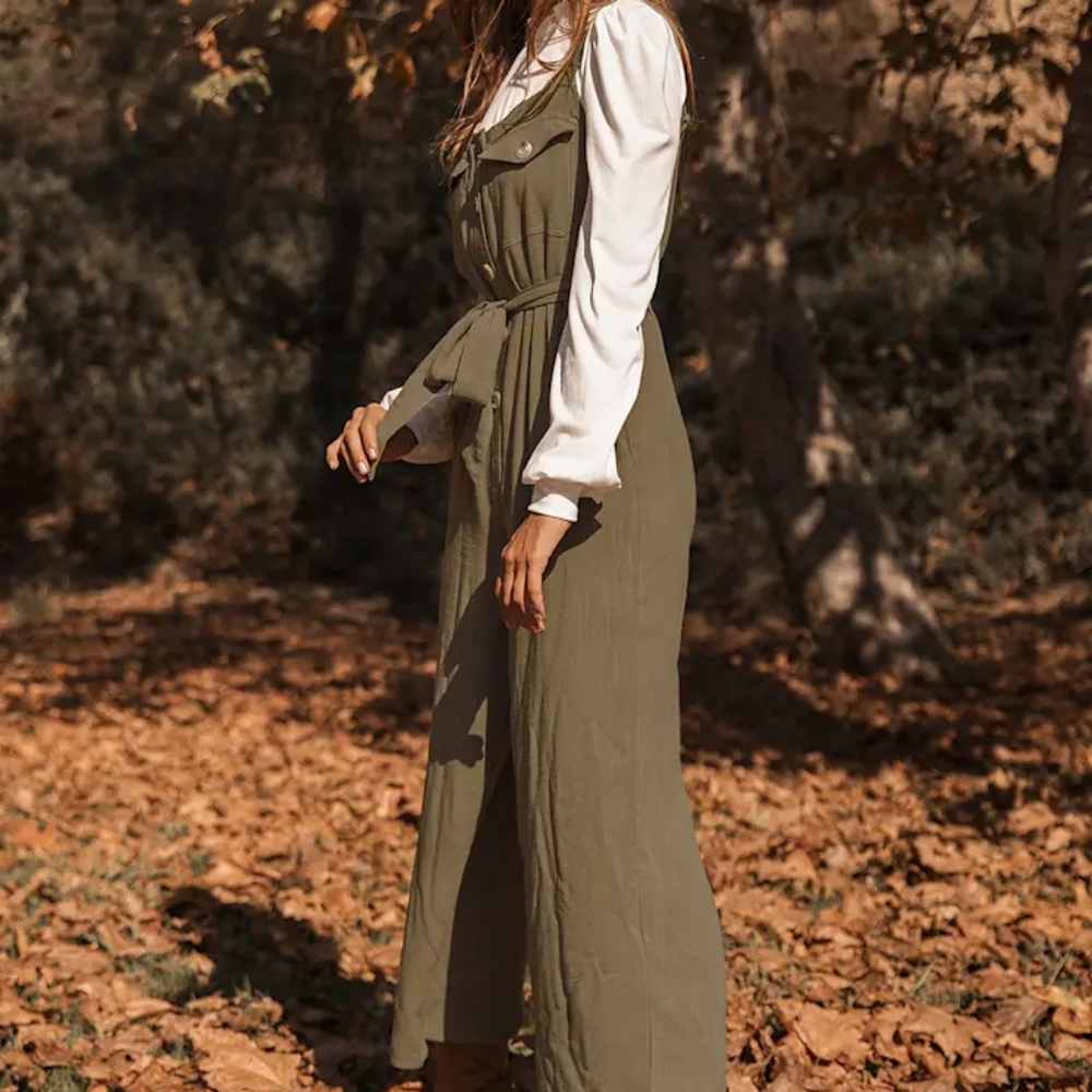 GUESS Olive Green Button-Front Wide-Leg Jumpsuit Size XL - Picture 3 of 10